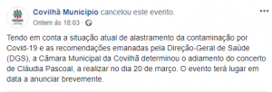 Concerto de Cláudia Pascoal adiado